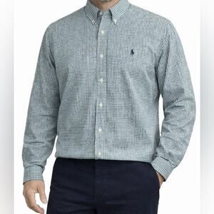 RALPH LAUREN Mens Long Sleeve Shirt Size L Blue Green Gingham Check Blue Label